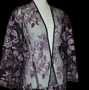 black sheer w purple floral embroidery  lightweight jacket